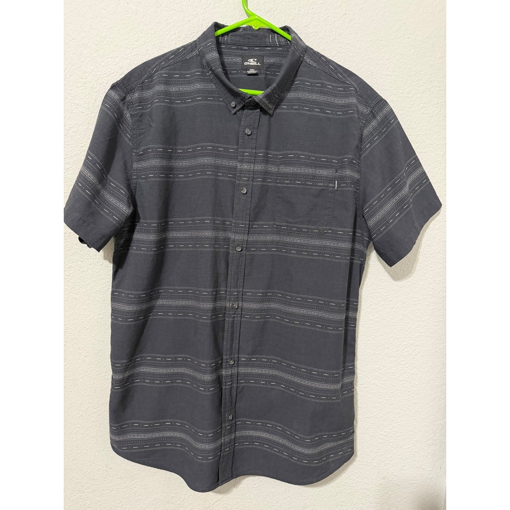 O'Neill Mens XXL Short Sleeve Button Down Shirt Gray Geometric Stripe Cotton